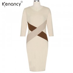 Kenancy 3XL Plus Size Hit Color Cross Stitching Office Dress Women Party 3/4 Sleeve V-neck Knee-Length Bodycon Vestidos Slim
