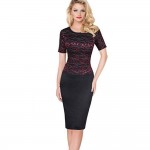 Kenancy Clearance Sale 2 Colors Lace Delicate Patchwork Pencil Dress Women Short Sleeve O-Neck Knee-Length Office Vestidos