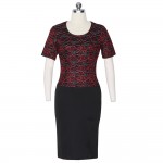 Kenancy Clearance Sale 2 Colors Lace Delicate Patchwork Pencil Dress Women Short Sleeve O-Neck Knee-Length Office Vestidos