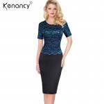 Kenancy Clearance Sale 2 Colors Lace Delicate Patchwork Pencil Dress Women Short Sleeve O-Neck Knee-Length Office Vestidos