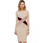 Kenancy Fashion Simple Women Autumn Dress Hit Color Stitching Three Quarter Sleeve V-neck Knee-Length Bodycon Vestidos