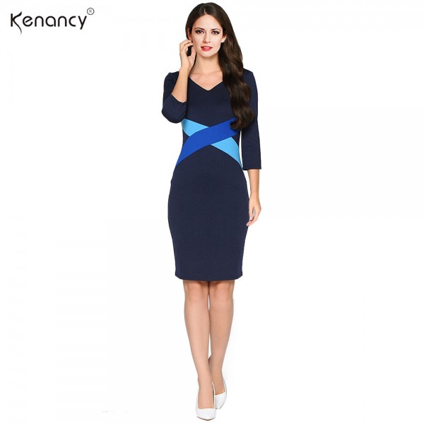 Kenancy Fashion Simple Women Autumn Dress Hit Color Stitching Three Quarter Sleeve V-neck Knee-Length Bodycon Vestidos