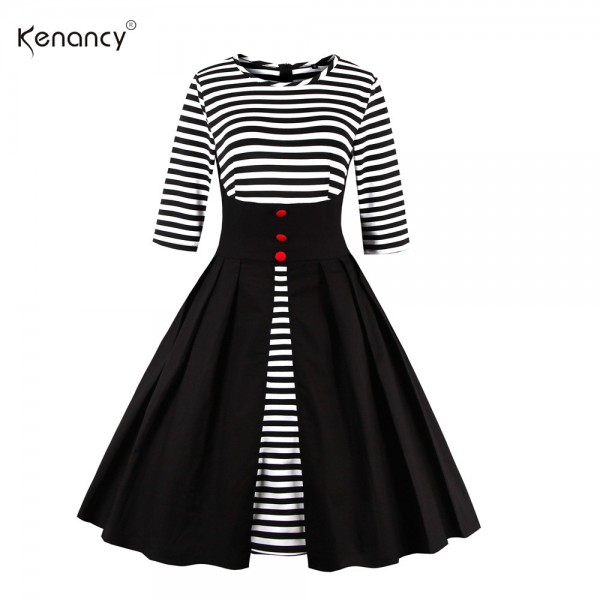 Kenancy New Plus Size Women Bow Vintage Dress Autumn Summer Evening Retro Party Elegant Striped Rockabilly 1950s Swing Dresses