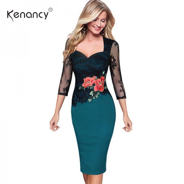 Kenancy Women Plus Size Pencil Dress Summer Autumn Elegant Embroidered Floral Lace Party Office Bodycon Dress Vestidos