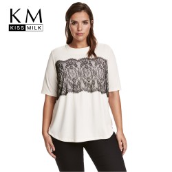 Kissmilk Plus Size Women Clothing Casual Solid Lace T-shirt Patchwork Short Sleeve Tops Tees O-Neck Loose Big Size T-shirt 6XL
