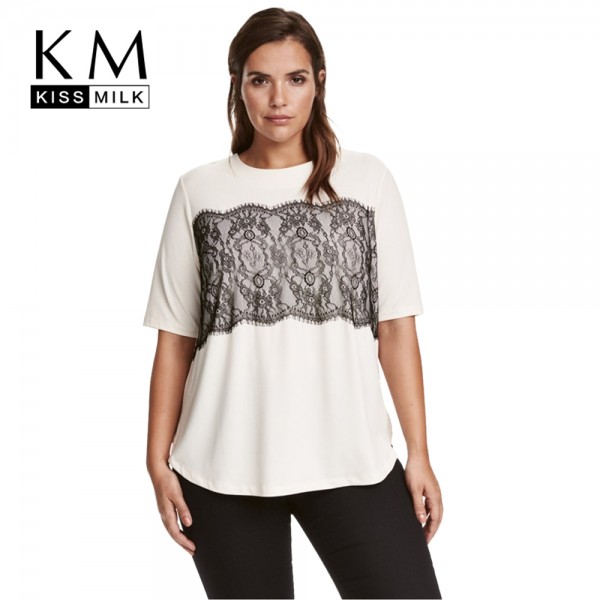 Kissmilk Plus Size Women Clothing Casual Solid Lace T-shirt Patchwork Short Sleeve Tops Tees O-Neck Loose Big Size T-shirt 6XL