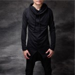 Korean Fashion Men`s Punk Style Black Pullover With Hood Drawstring Turtleneck Hip Hop Gothic Sweatshirts Hoodies