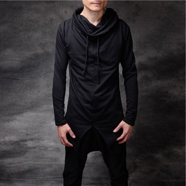 Korean Fashion Men`s Punk Style Black Pullover With Hood Drawstring Turtleneck Hip Hop Gothic Sweatshirts Hoodies