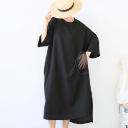 Korean Style Women Black Cotton and Linen Mesh Dress Big Pocket Long Dress Oversize Shirt Dress 2016