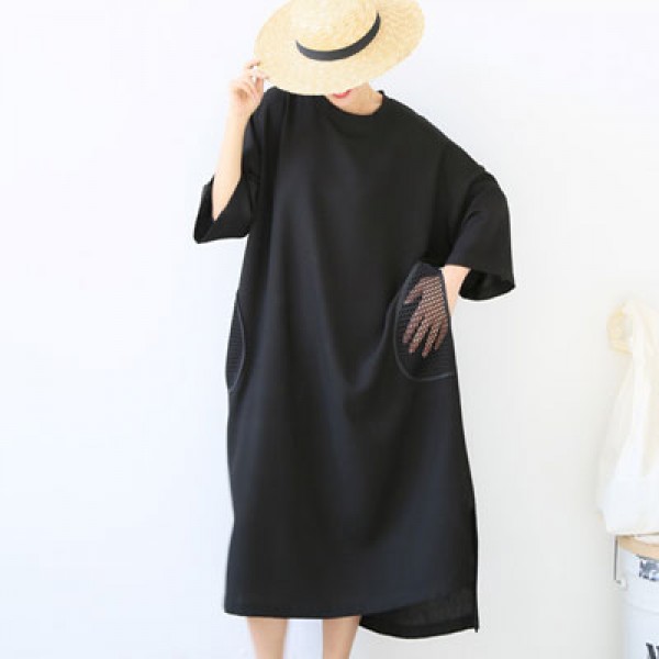 Korean Style Women Black Cotton and Linen Mesh Dress Big Pocket Long Dress Oversize Shirt Dress 2016
