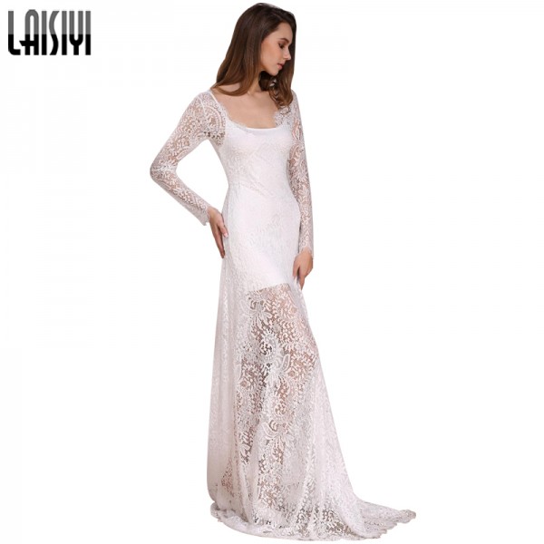LAISIYI 2017 Sexy Lace Long Dress V-neck Long Sleeve Backless Maxi Dresses Summer Vestidos Plus Size Black White ASDR20034