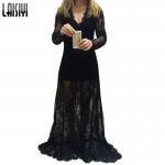 LAISIYI Women Sexy Dresses Autumn Floor-Length Black White Lace Dress Adjust Waist See Through Floral Vestido transparent DR5046