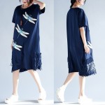 LANMREM 2018 new Korean version of large size women loose long sleeves dragonfly embroidered pure dress A001485