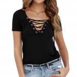 LASPERAL Sexy Lace UP T-Shirts Female Short Sleeve Deep V Neck Cotton Shirt Tops Women Solid Casual Summer Tee Shirts 2017