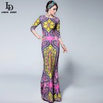 LD LINDA DELLA 2016 Bodycon Sheath Maxi Mermaid Dress Women's 3/4 Sleeve Print Elegant Celebrity Party Gown Long Dress