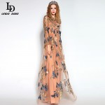 LD LINDA DELLA 2016 Elegant Women Maxi Dress Tulle Flower Floral Embroidery Long Dress Party Dresses Floor-Length