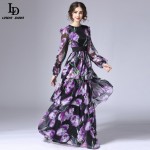 LD LINDA DELLA New Fashion 2016 Runway Maxi Dress Women's Long Sleeve Vintage Tiered Tulip Floral Printed Long Dress