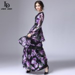 LD LINDA DELLA New Fashion 2016 Runway Maxi Dress Women's Long Sleeve Vintage Tiered Tulip Floral Printed Long Dress