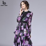 LD LINDA DELLA New Fashion 2016 Runway Maxi Dress Women's Long Sleeve Vintage Tiered Tulip Floral Printed Long Dress