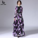 LD LINDA DELLA New Fashion 2016 Runway Maxi Dress Women's Long Sleeve Vintage Tiered Tulip Floral Printed Long Dress