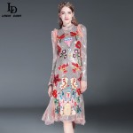 LD LINDA DELLA Runway Designer Dress Women's High Quality Long Sleeve Flower Luxury Sequined Beading Mermaid Party Dress