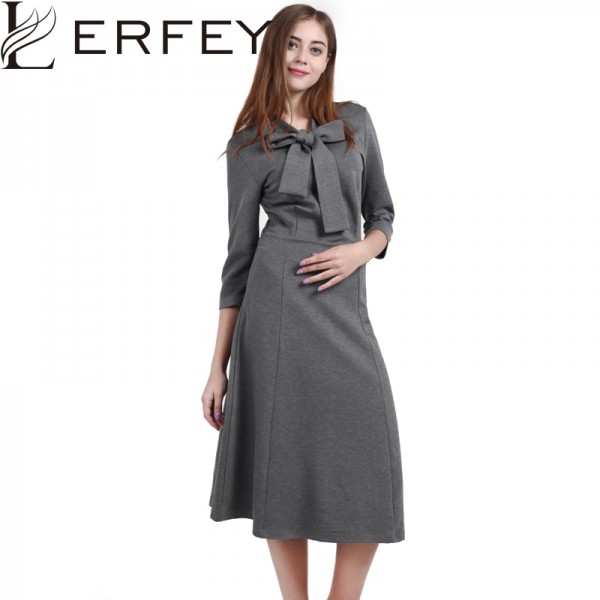 LERFEY Vintage 1950s Autumn Winter Women Dress with Bow Solid Three Quarter Sleeve Party Elegant Vintage Dresses Plus Size 