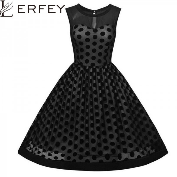 LERFEY Women Dot Polka Sexy Dress A Line Mesh Vestidos Black Sleeveless Patchwork Casual Dresses Plus Size Party Dresses