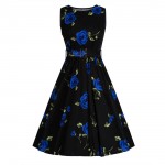 LERFEY Women Elegant Vintage Retro Sleeveless Dress Classic Floral Print Vestidos Party Sashes O Neck Pleated Summer Dresses