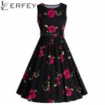 LERFEY Women Elegant Vintage Retro Sleeveless Dress Classic Floral Print Vestidos Party Sashes O Neck Pleated Summer Dresses