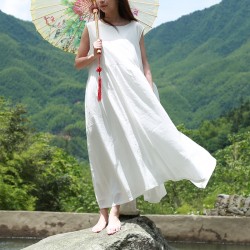 LZJN White Tank Dress Cotton Linen Casual Sundress Mori Girl Maxi Dresses Large Size Robe Femme 2018 Summer Beach Dress 7004