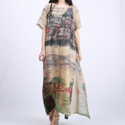 LZJN short sleeve summer vestidos 2017 women long beach dresses fake 2 pieces landscape maxi dress vintage robe longue femme ete