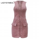 LadySymbol Faux Suede Lace Up Dress Women Slim Casual Winter Bodycon Dress Sexy Pink Elegant Autmun Short Party Mini Dresses 