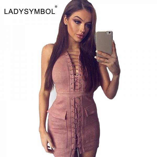LadySymbol Faux Suede Lace Up Dress Women Slim Casual Winter Bodycon Dress Sexy Pink Elegant Autmun Short Party Mini Dresses 