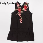 LadySymbol Summer Rose Flower Embroidery Dress Women Backless Loose Sleeveless Casual Sexy Beach Black Short Mini Dress Vestidos