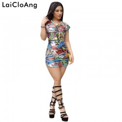LaiCloAng Comics Print Halter Sexy Dresses Summer 2017 O-Neck Short Sleeve Backless Sheath Dress Elegant Open Slit Mini Dress