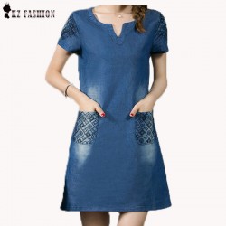 Large Plus Size XXXXXL 5XL XXXXL 4XL XXXL  Denim Dress Women V Neck Cut Out Embroidery Pocket Jeans Dress Summer  D64729R