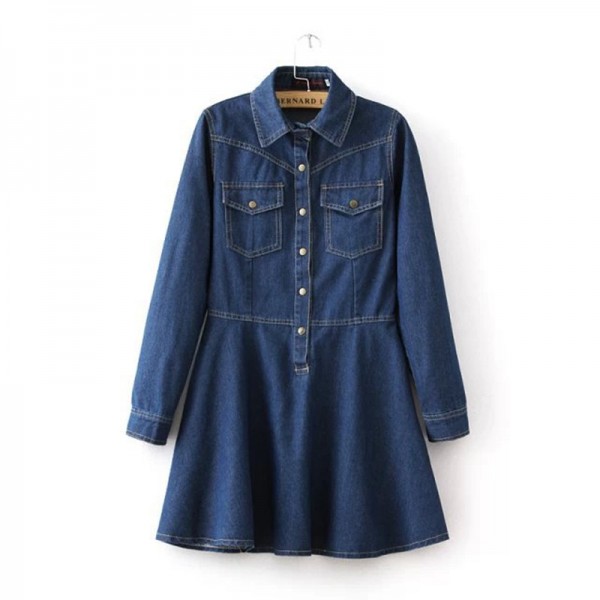 Latest Lapel Collar Long Sleeve Flared Denim Dress With Double Pocket Long Sleeve Button Detail Denim Dress