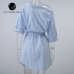 Lily Rosie Girl 2017 Blue Elegant Striped Slash Neck Women Dress Sashes Loose Casual Mini Summer Sexy Party Beach Shirt Dresses