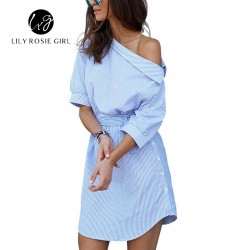 Lily Rosie Girl 2017 Blue Elegant Striped Slash Neck Women Dress Sashes Loose Casual Mini Summer Sexy Party Beach Shirt Dresses