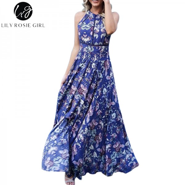 Lily Rosie Girl Boho Floral Print Maxi Long Dress Women Backless Sexy Party Beach Autumn Winter Hollow Out Dresses Vestidos