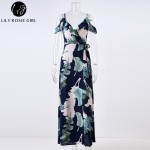 Lily Rosie Girl Navy Blue Floral Print Ruffles Sexy Dress Women Backless Summer Beach Boho Maxi Long Split Strap Dresses Vestido