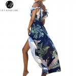 Lily Rosie Girl Navy Blue Floral Print Ruffles Sexy Dress Women Backless Summer Beach Boho Maxi Long Split Strap Dresses Vestido