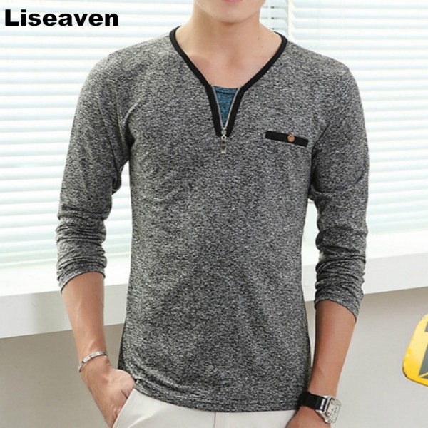 Liseaven Fashion Men V Neck Long Sleeve T-Shirt  2016 New Slim Fit Streetwear Camisetas Brand Tee Tops for Men