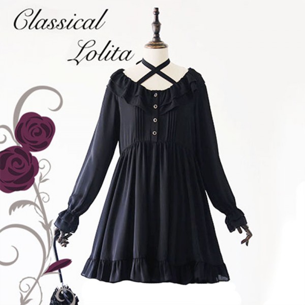 Lolita Style Black Chiffon Dress Vintage Retro Royal  Women Princess Chiffon Dress Ruffle Large Size Loose Elegant Lady Vestidos