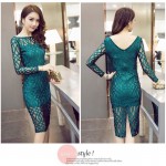 Long Sleeve Back V Neck Womens Sexy Party Dress Club Wear Lace Hollow Out Bodycon Dresses Slim Vestido for Women