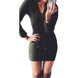 Long Sleeve Lace Up Casual Autumn Winter Mini Sweater Dress 2016 Sexy Casual Cotton Knitted V neck Elegant Women Bodycon Dress
