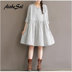 Long Sleeve Striped Cotton Linen Dress Spring Autumn Style Women Vintage Loose Round Neck One Pocket Dress Femme Belted Vestido