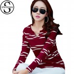 Long Sleeve T Shirt Women Slim Striped T-Shirt V-Neck Tshirt Women Cotton Poleras De Mujer Moda 2016 Plus Size Korean Clothing