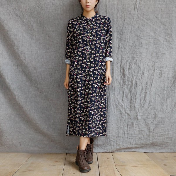 Long sleeve Flower print Women Long Dress Cotton Floral Midi long Summer Dress Mori girl style Loose Casual Dress Vestidos C028