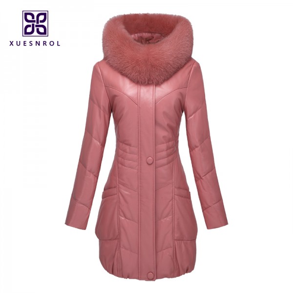 (Lord Fur) Winter Ladies' Genuine Sheepskin Leather Down Parkas Coat Fox Fur Hoody Women Fur Outerwear Coats VK1406